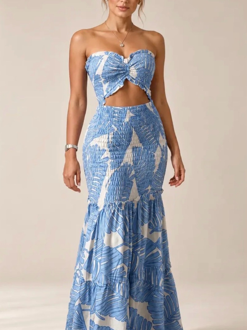 Blue Strapless Cutout Maxi Dress with Tropical Print